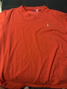 Polo by Ralph Lauren Men’s Orange V-Neck Tee with Green Pony